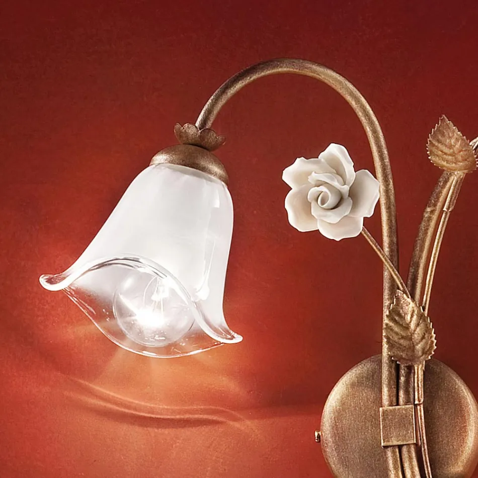 Wall Lamp 2 Lights in Iron and Glass with Rose in Ceramic - Siena Viadurini