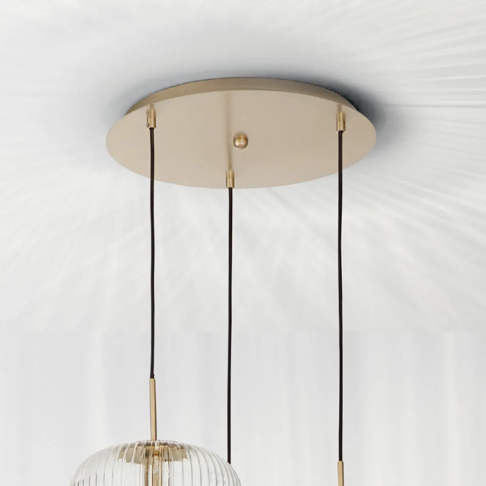 Suspension Lamp 3 Lights in Colored Blown Glass and Metal - Trissa Viadurini