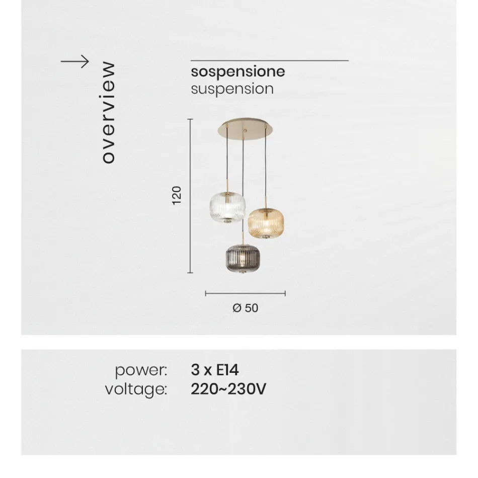 Suspension Lamp 3 Lights in Colored Blown Glass and Metal - Trissa Viadurini