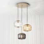 Suspension Lamp 3 Lights in Colored Blown Glass and Metal - Trissa Viadurini