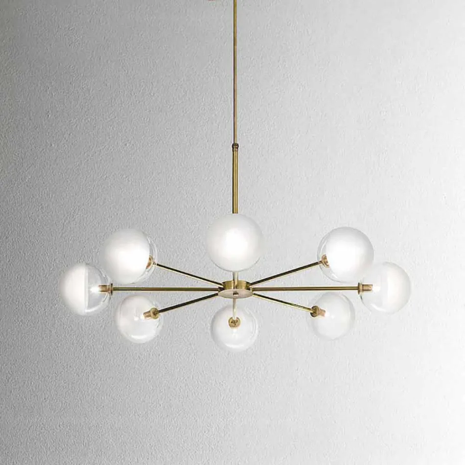 Suspension Lamp 8 Lights in Natural Brass and Glass - Molecola by Il Fanale Viadurini
