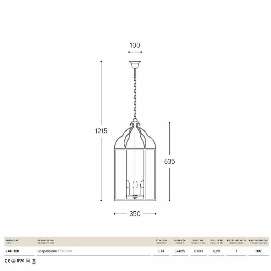 Pendant lamp with 3 lights brass and glass Turandot Viadurini