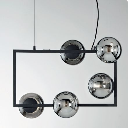 Suspension Lamp with 5 Lights in Metal and Modern Blown Glass - Birga Viadurini