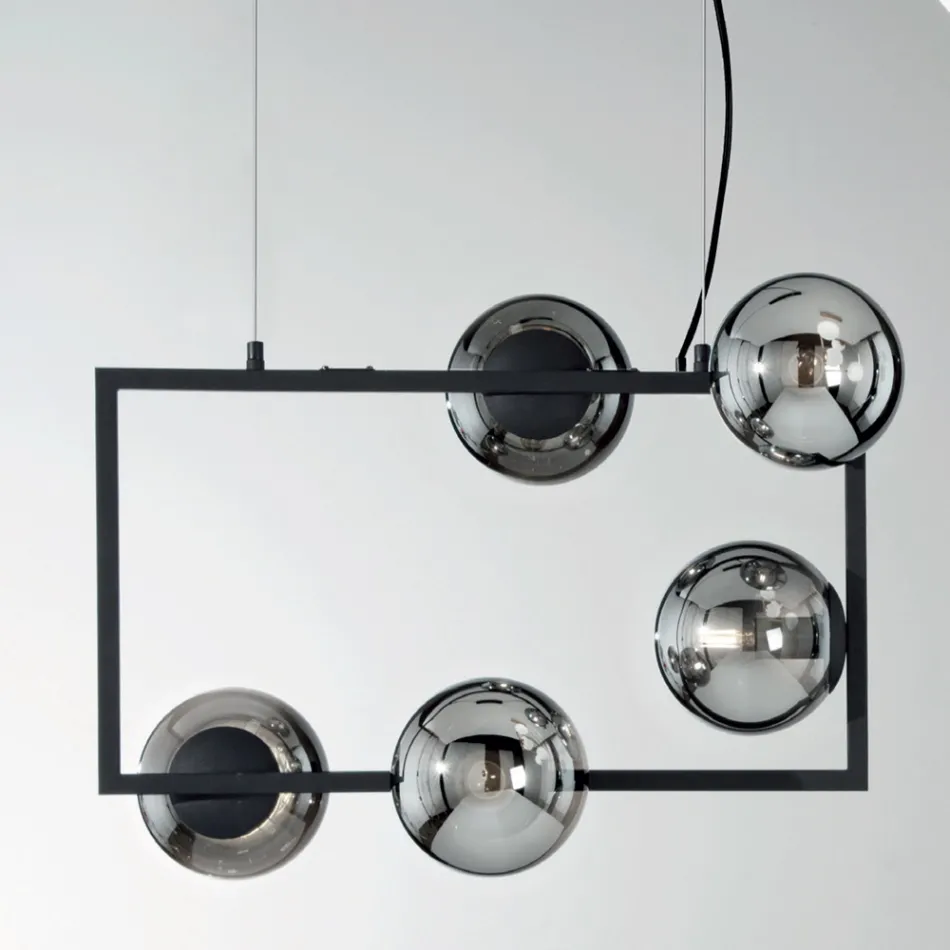 Suspension Lamp with 5 Lights in Metal and Modern Blown Glass - Birga Viadurini