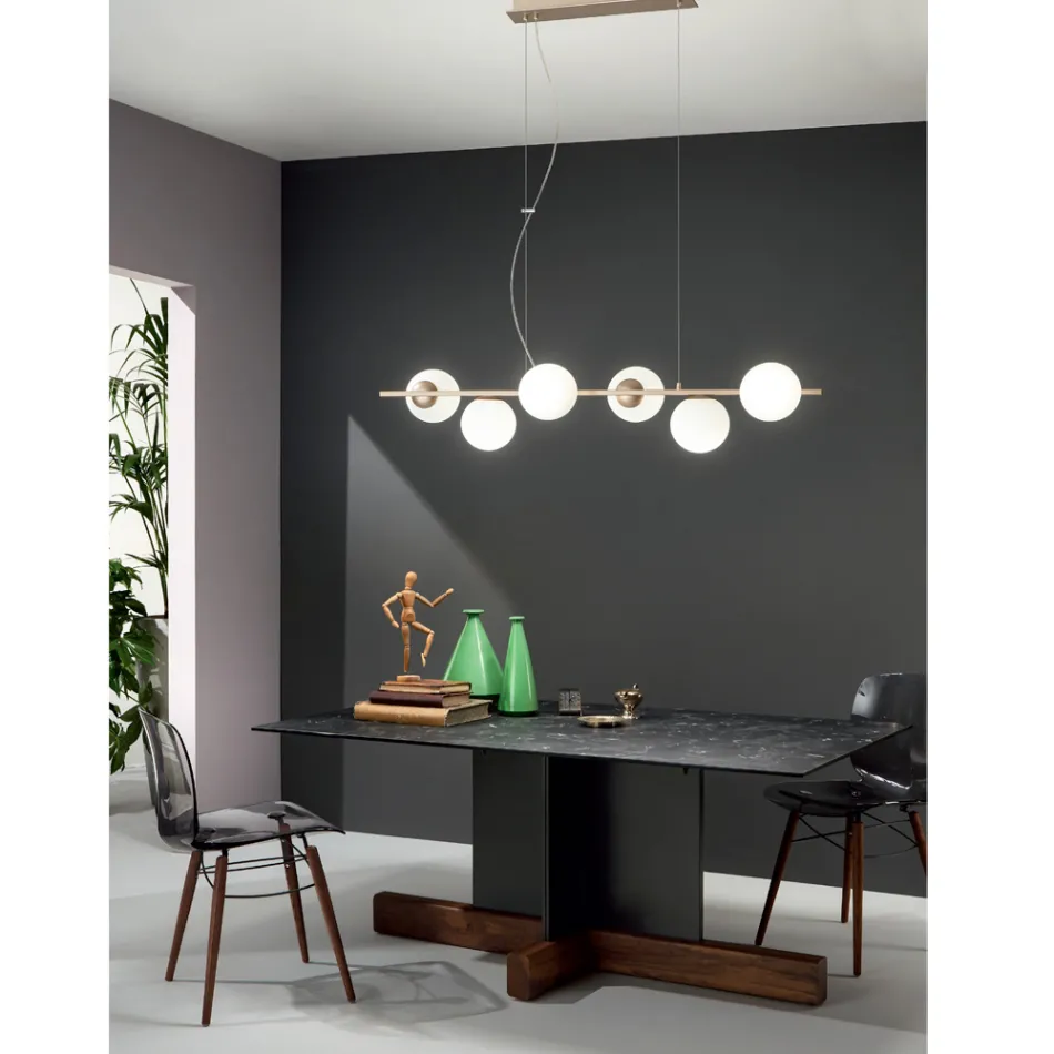 Suspension Lamp with 6 Lights in Metal and Modern Blown Glass - Birga Viadurini