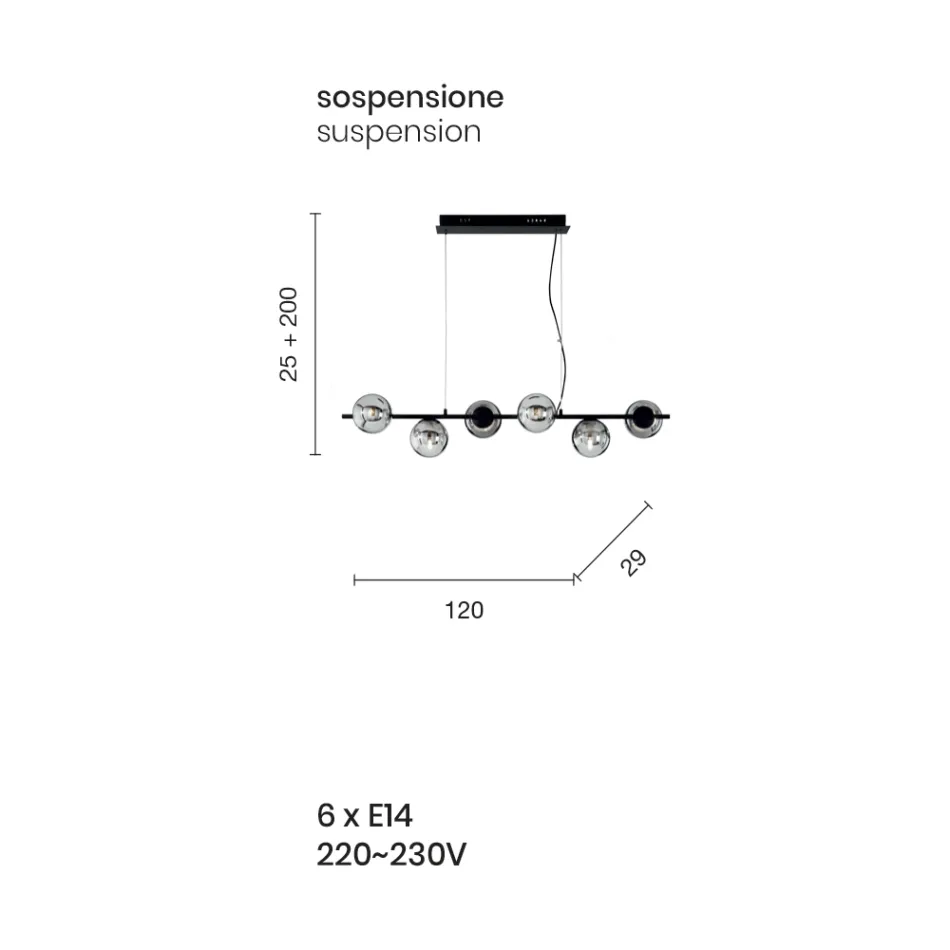 Suspension Lamp with 6 Lights in Metal and Modern Blown Glass - Birga Viadurini