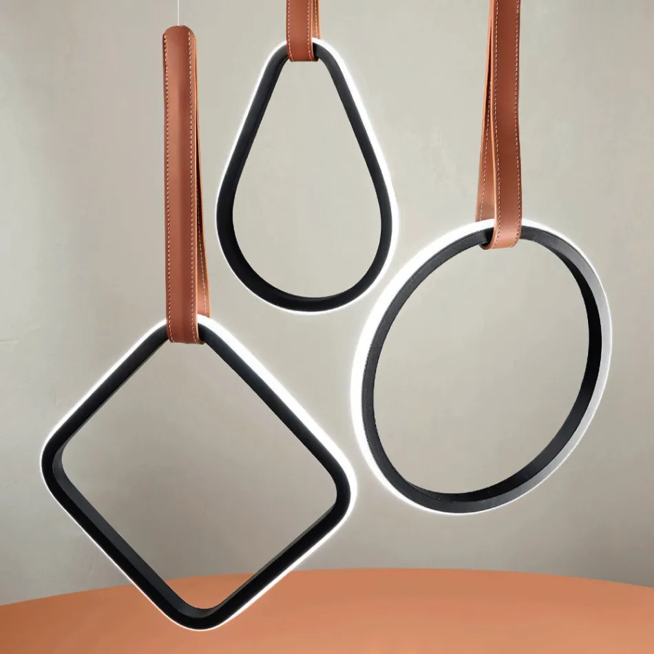 Suspension Lamp with Geometric Shapes and Detail in Faux Leather - Cypress Viadurini