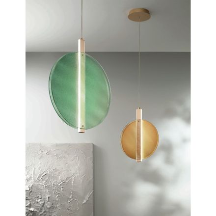 Suspension Lamp with LED in Painted Metal and Textured Glass - Baobab Viadurini