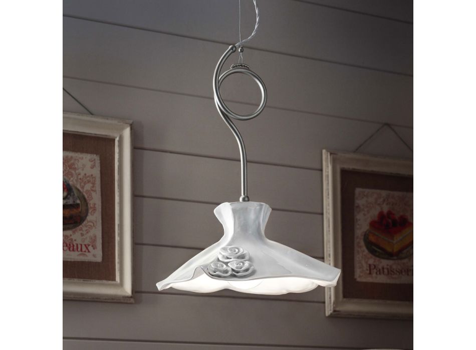Handmade Suspension Lamp in Polished Ceramic with Roses and Iron - Lecco Viadurini