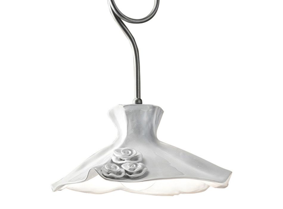 Handmade Suspension Lamp in Polished Ceramic with Roses and Iron - Lecco Viadurini