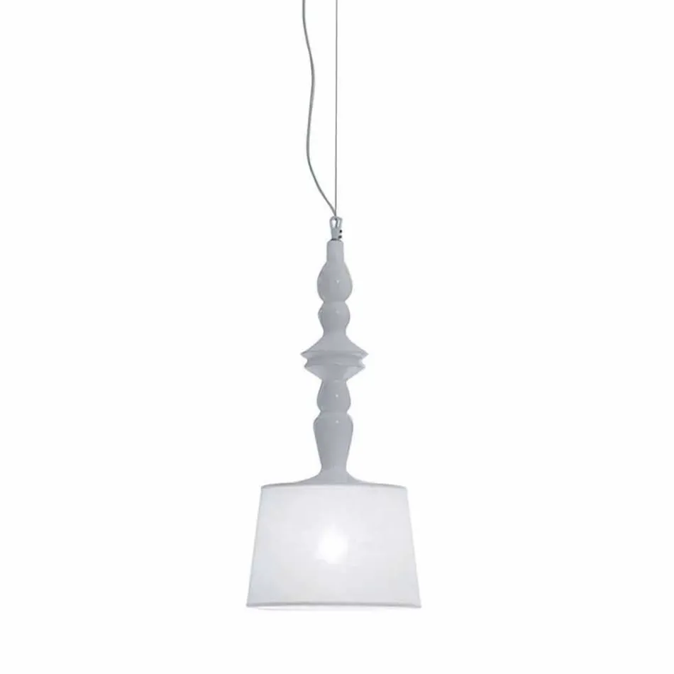 Suspension Lamp in White Ceramic. Shade in Linen Short Design - Cadabra Viadurini