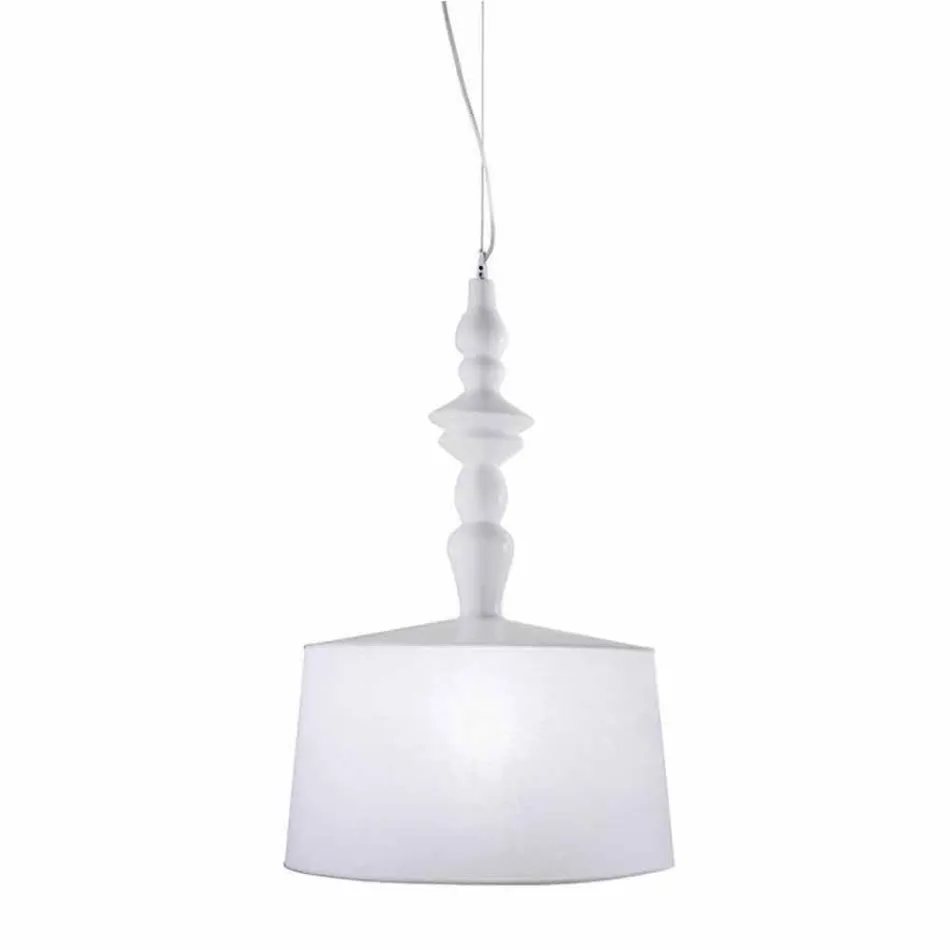 Suspension Lamp in White Ceramic. Shade in Linen Short Design - Cadabra Viadurini