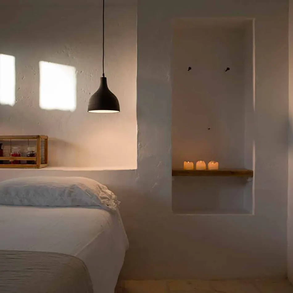 Suspension Lamp in Anthracite Stoneware and White Interior Enamel Design - Edmondo Viadurini