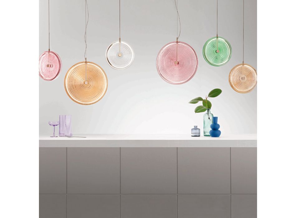 Suspension Lamp in Metal and Glass Decorated with Concentric Lines - Hackberry Viadurini