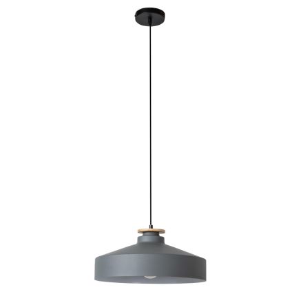 Suspension Lamp in Gray Metal and Wood with Nylon Cable - Marlena Viadurini