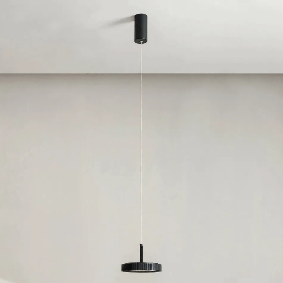 Suspension Lamp in Black Painted Metal and LED Light - Hornbeam Viadurini