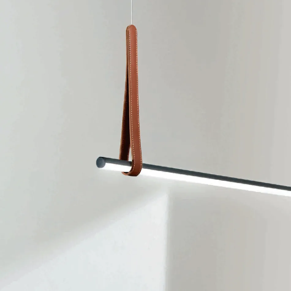 Horizontal Suspension Lamp in Metal and Detail in Faux Leather - Cypress Viadurini