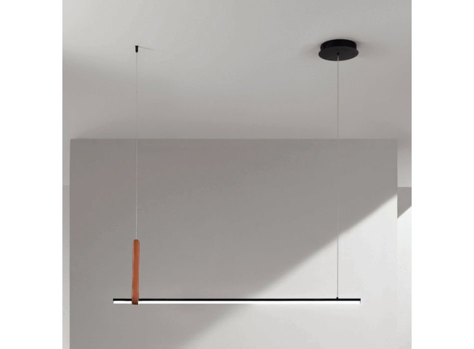 Horizontal Suspension Lamp in Metal and Detail in Faux Leather - Cypress Viadurini