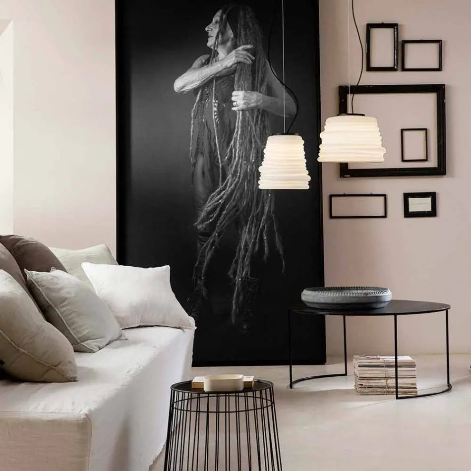 Living Room Suspension Lamp in White Satin Glass 3 Dimensions - Soft Viadurini