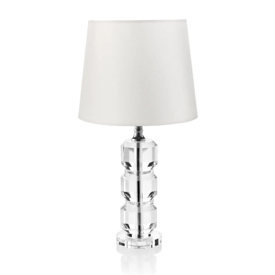 Base Support Lamp in Crystal and Cylindrical Fabric Lampshade - Crocca Viadurini