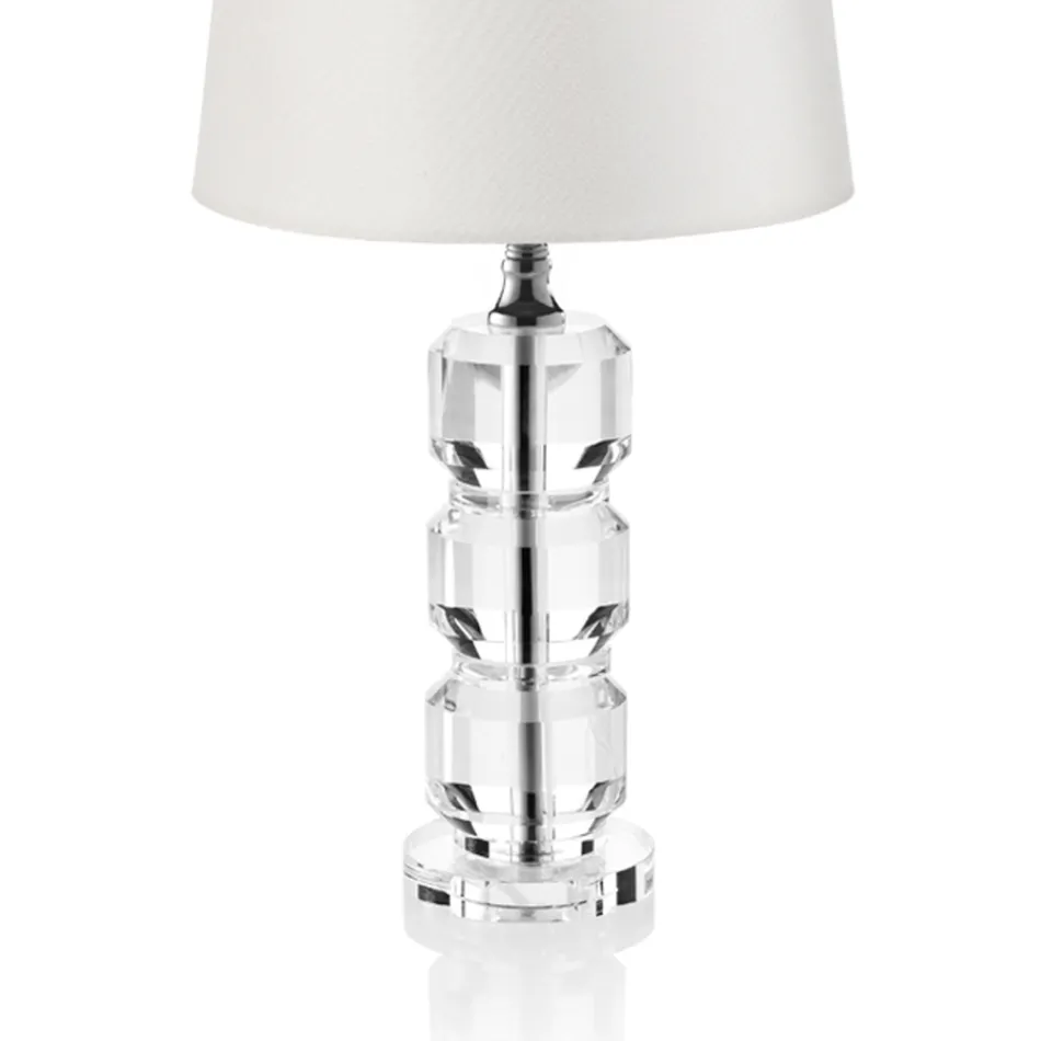 Base Support Lamp in Crystal and Cylindrical Fabric Lampshade - Crocca Viadurini