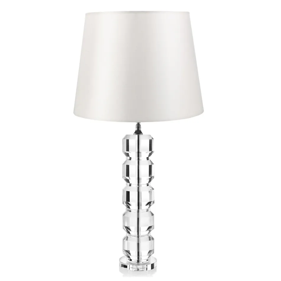 Base Support Lamp in Crystal and Cylindrical Fabric Lampshade - Crocca Viadurini