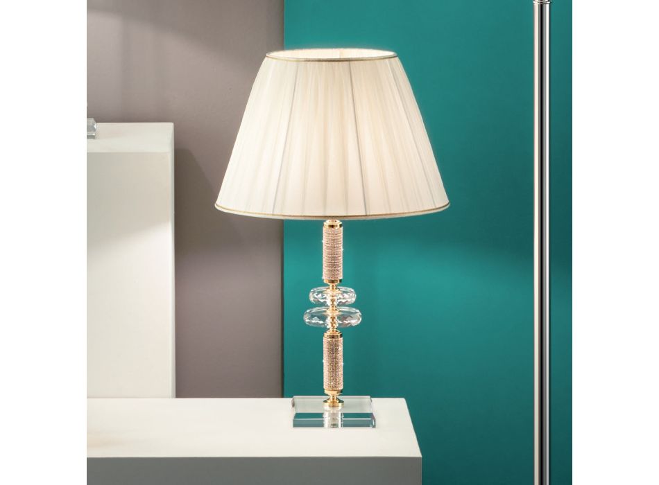 Classic Table Lamp in Gold Metal, Crystal and Shade - Similo Viadurini