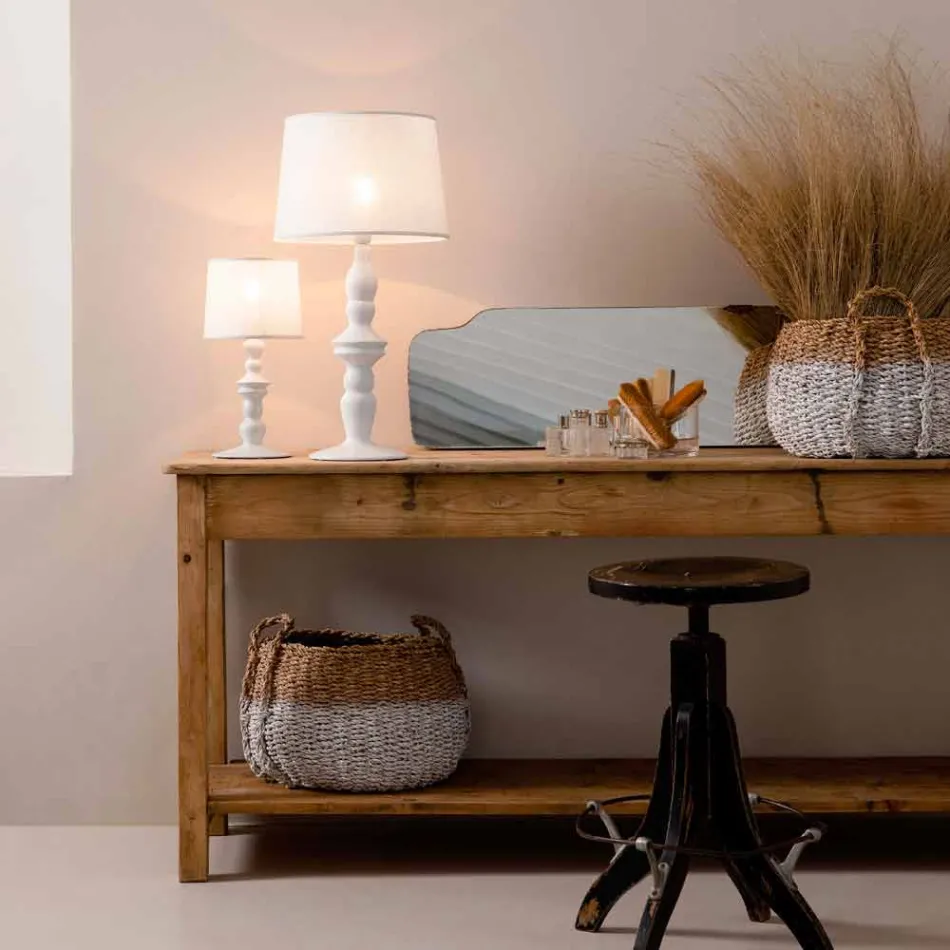 Table Lamp in White Ceramic and Linen Lampshade 2 Dimensions - Cadabra Viadurini