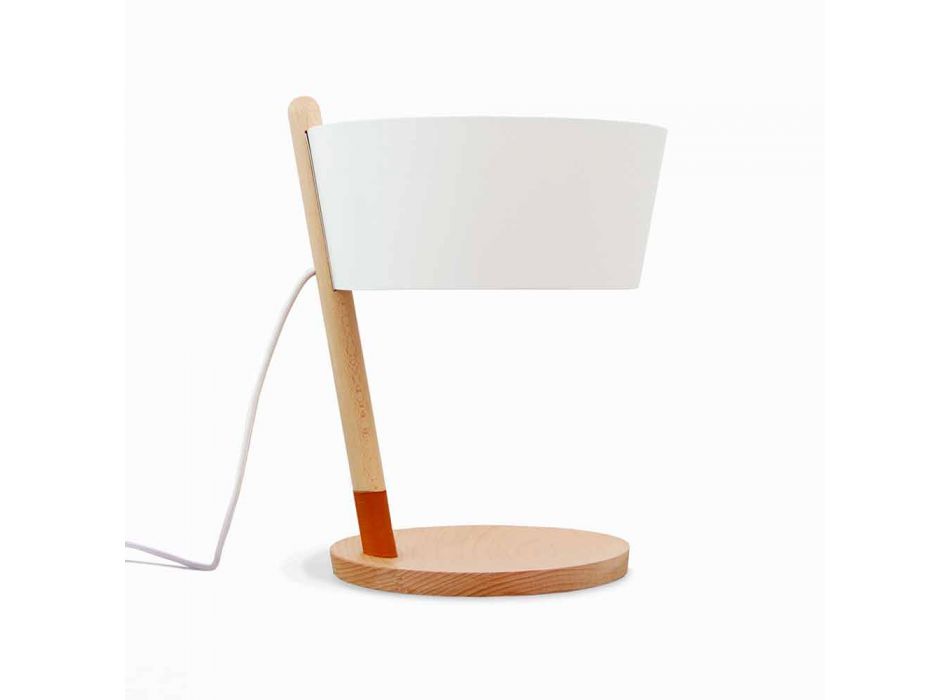 Table Lamp in Beech with Details in Metal and Vegan Leather - Avetta Viadurini