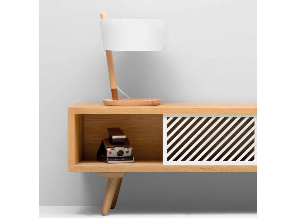 Table Lamp in Beech with Details in Metal and Vegan Leather - Avetta Viadurini