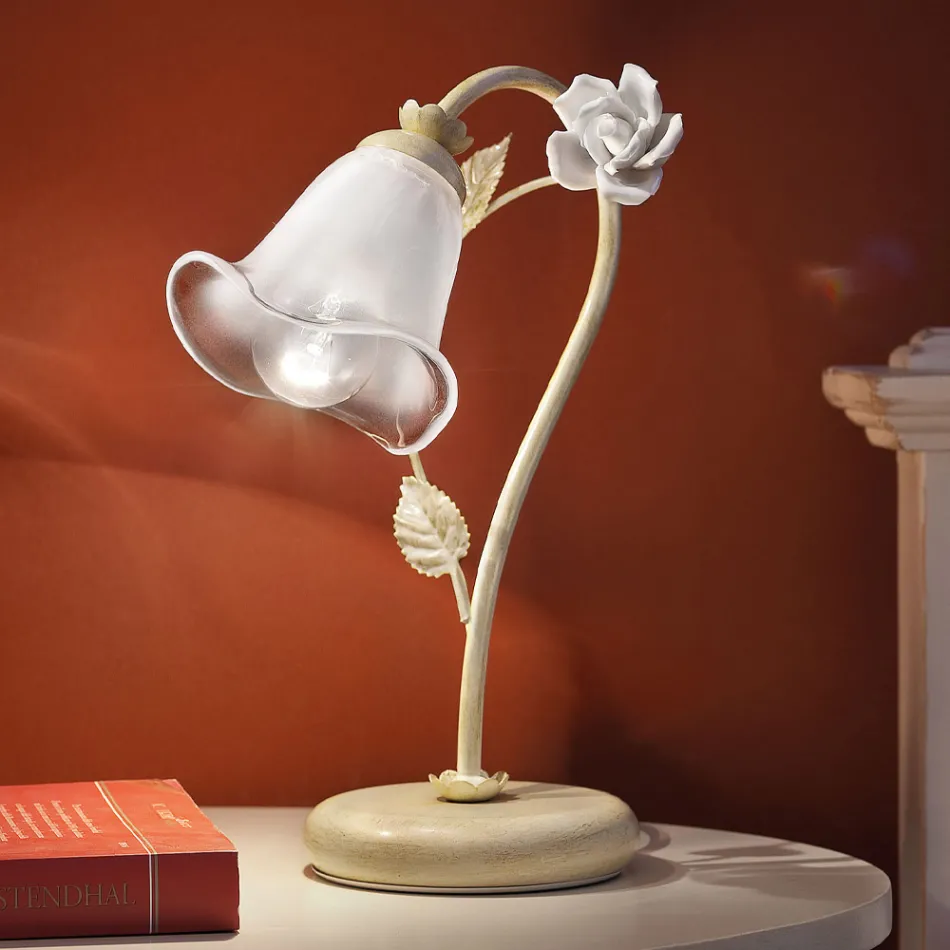 Table Lamp in Iron and Glass with Rose of Ceramic Decoration - Siena Viadurini