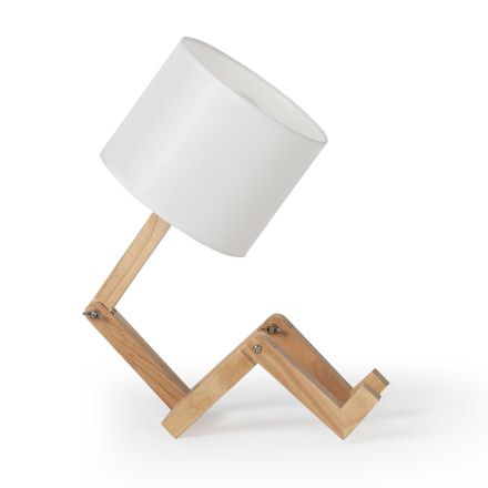 Table Lamp in Natural Wood with White - Blue Linen Lampshade Viadurini