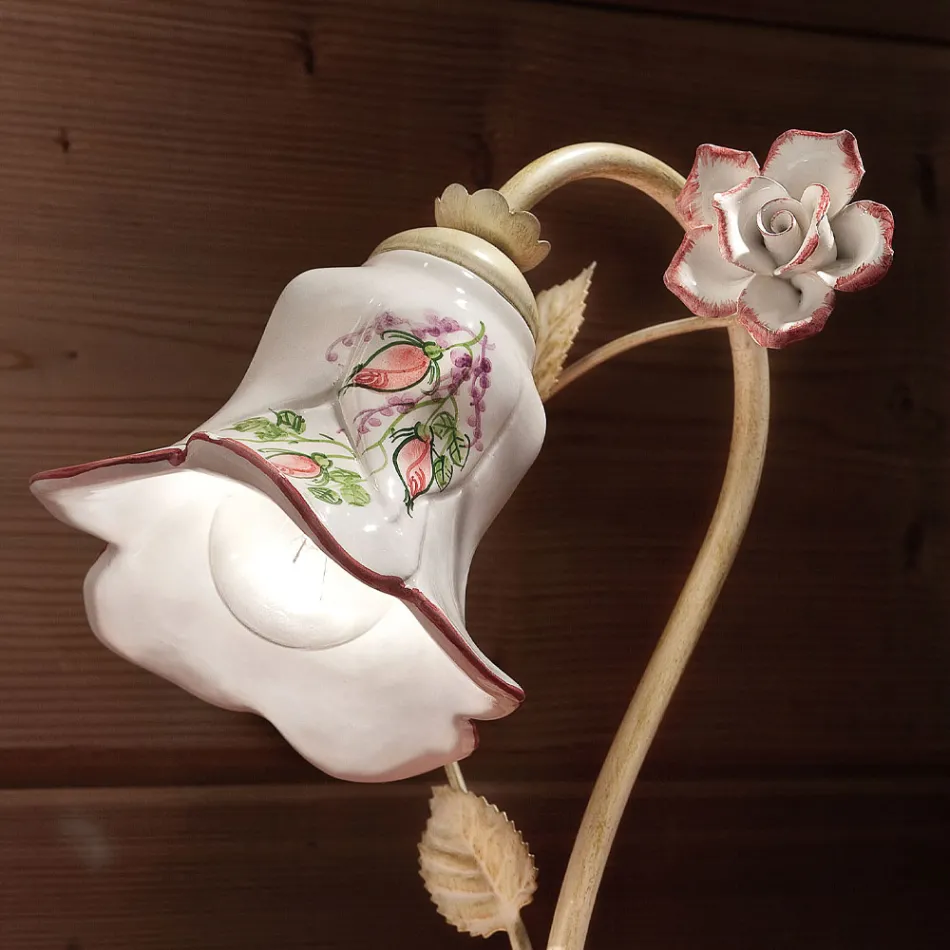 Table Lamp in Metal and Hand-Decorated Ceramic with Rose - Pisa Viadurini