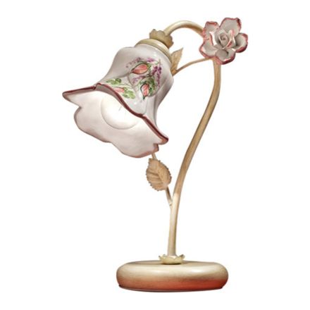 Table Lamp in Metal and Hand-Decorated Ceramic with Rose - Pisa Viadurini