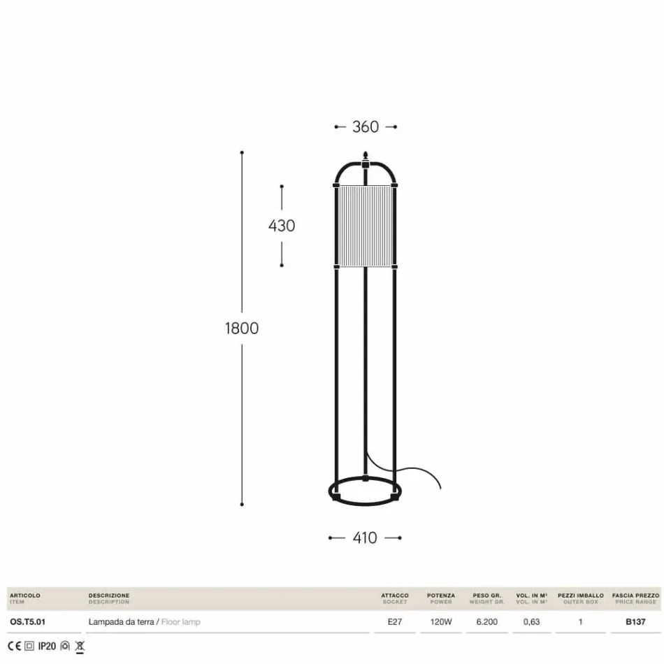 Floor lamp in brass and fabric Hua Hika Viadurini