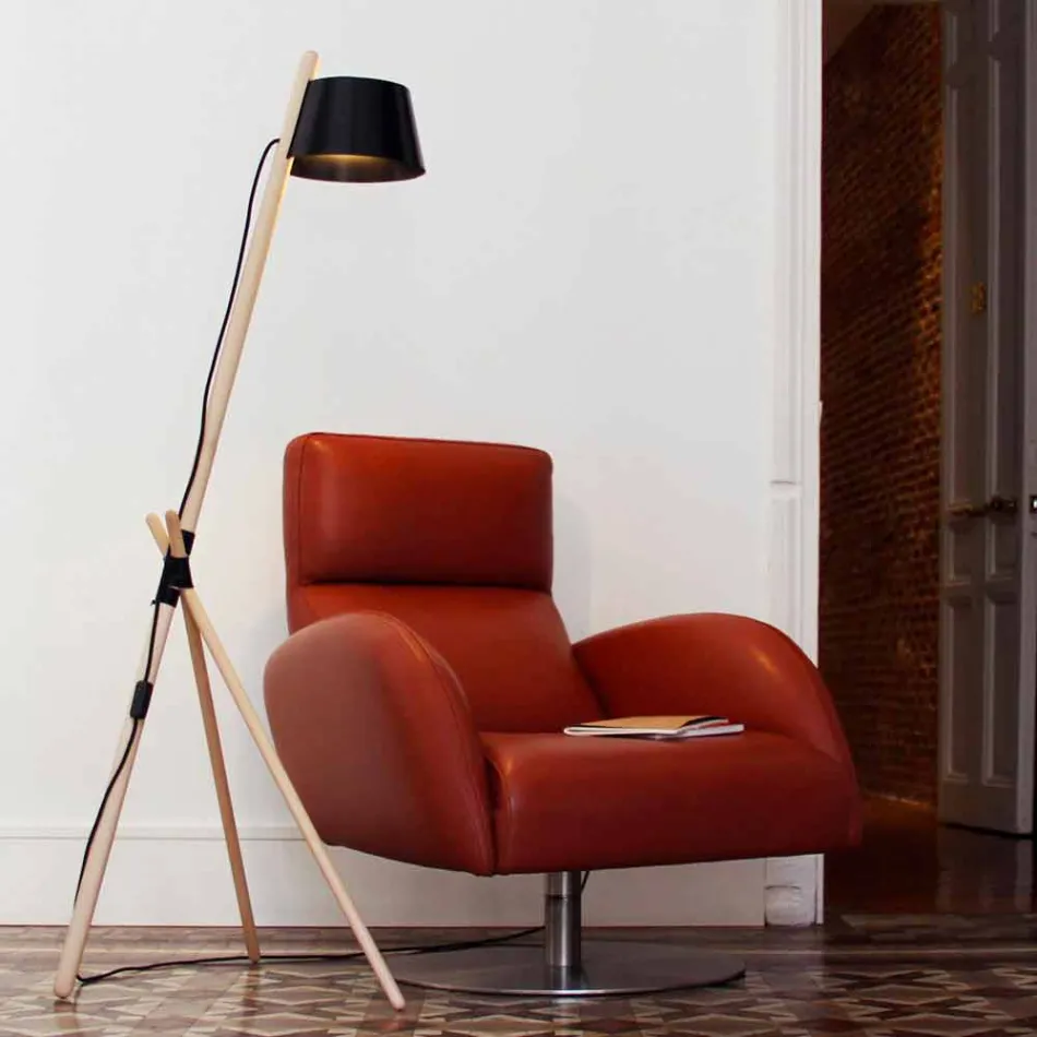 Design Floor Lamp in Beech Wood and Lacquered Metal - Avetta Viadurini