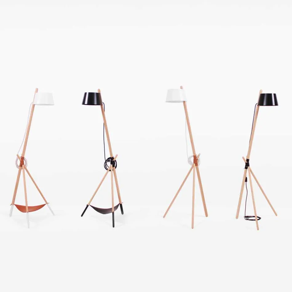 Design Floor Lamp in Beech Wood and Lacquered Metal - Avetta Viadurini