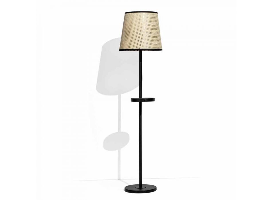 Floor Lamp in Black Metal and Rattan with Shelf Made in Italy - Livia Viadurini