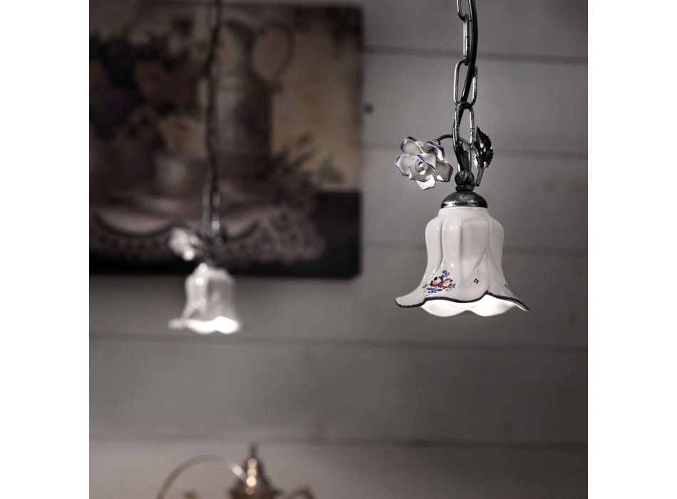 Suspension Lamp in Metal and Hand-Decorated Ceramic with Rose - Pisa Viadurini