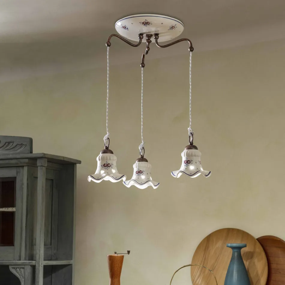Suspended Lamp 3 Lights in Iron and Vintage Hand Painted Ceramic - Chieti Viadurini