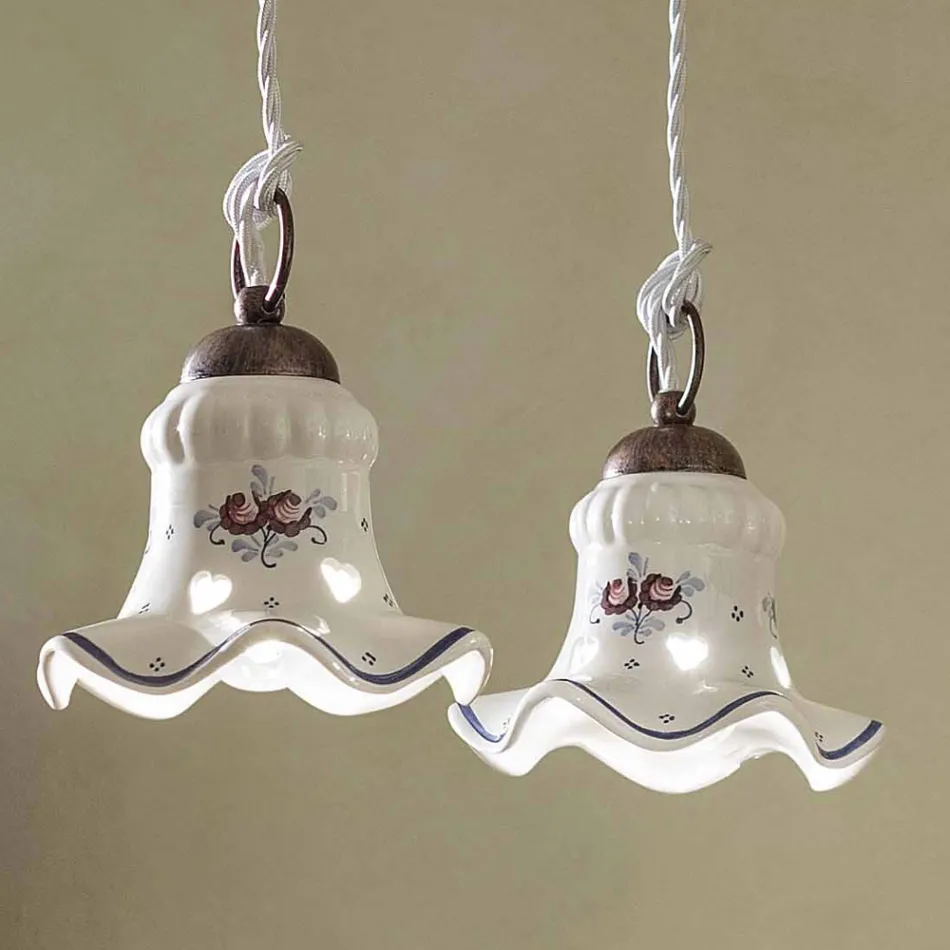 Suspended Lamp 3 Lights in Iron and Vintage Hand Painted Ceramic - Chieti Viadurini
