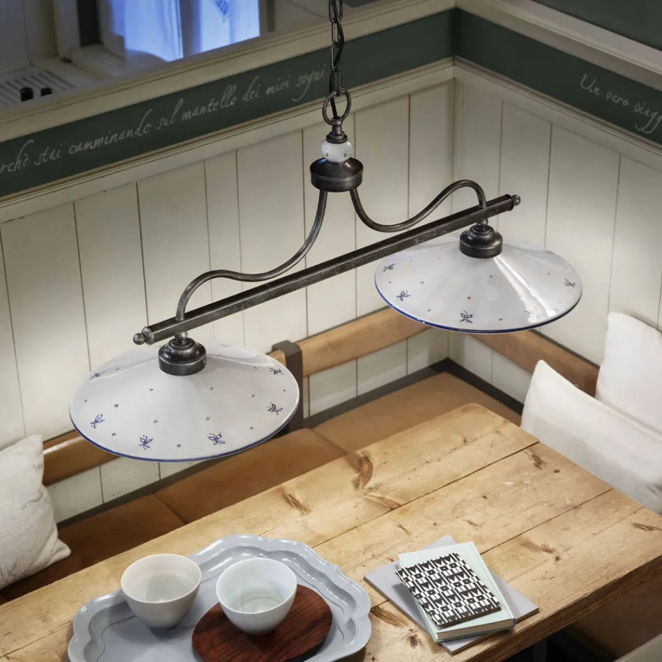 Hanging Lamp with 2 Lights in Hand Painted Ceramic and Iron Design - Asti Viadurini