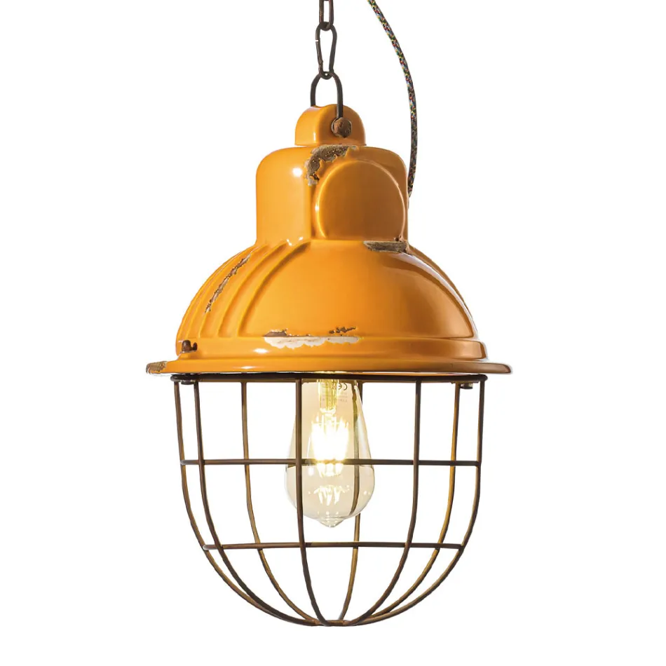 Handcrafted Hanging Lamp in Iron and Ceramic with Grid - Industrial Viadurini