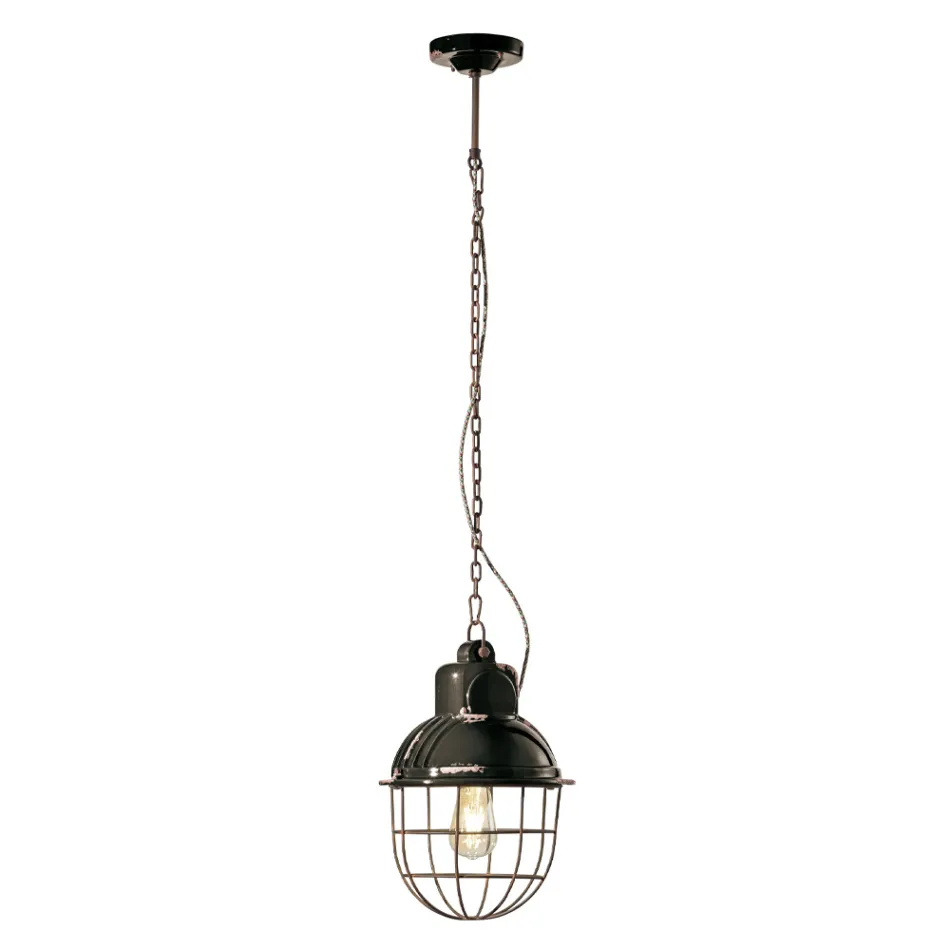 Handcrafted Hanging Lamp in Iron and Ceramic with Grid - Industrial Viadurini