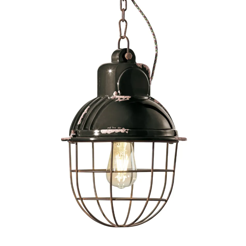 Handcrafted Hanging Lamp in Iron and Ceramic with Grid - Industrial Viadurini
