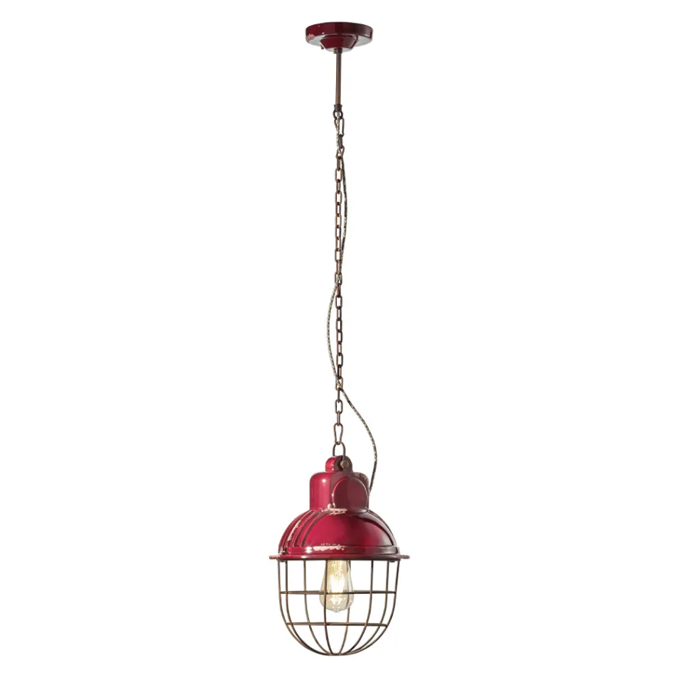 Handcrafted Hanging Lamp in Iron and Ceramic with Grid - Industrial Viadurini