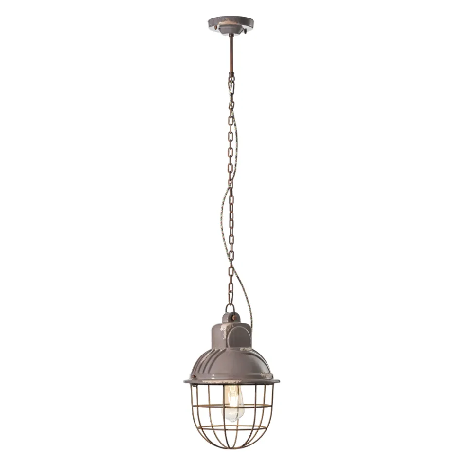 Handcrafted Hanging Lamp in Iron and Ceramic with Grid - Industrial Viadurini