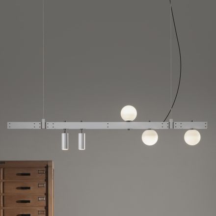 Suspended Lamp Design White Aluminum with Glass Spheres and Spotlights - Exodus Viadurini