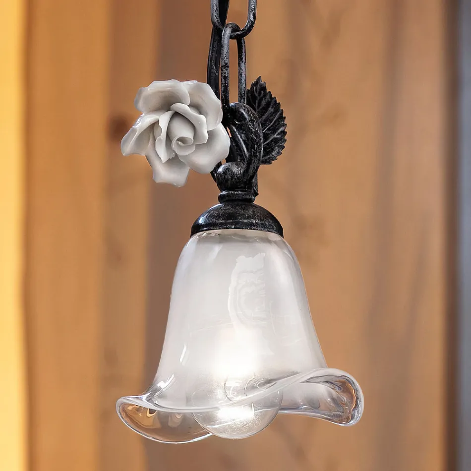 Suspended Lamp in Iron and Glass with Rose of Ceramic Decoration - Siena Viadurini