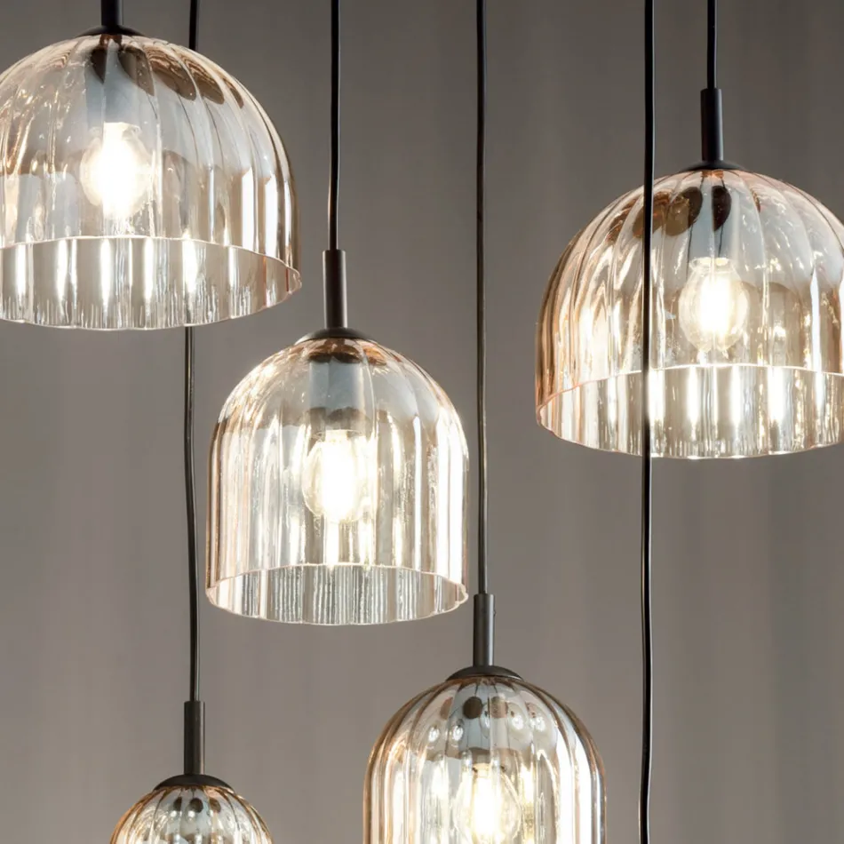 Suspended Lamp in Blown Striped Glass and Painted Metal - Giuliano Viadurini